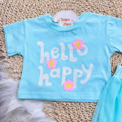 Conj. Blusa Hello Happy e Short Saia em Tule - Verde Água